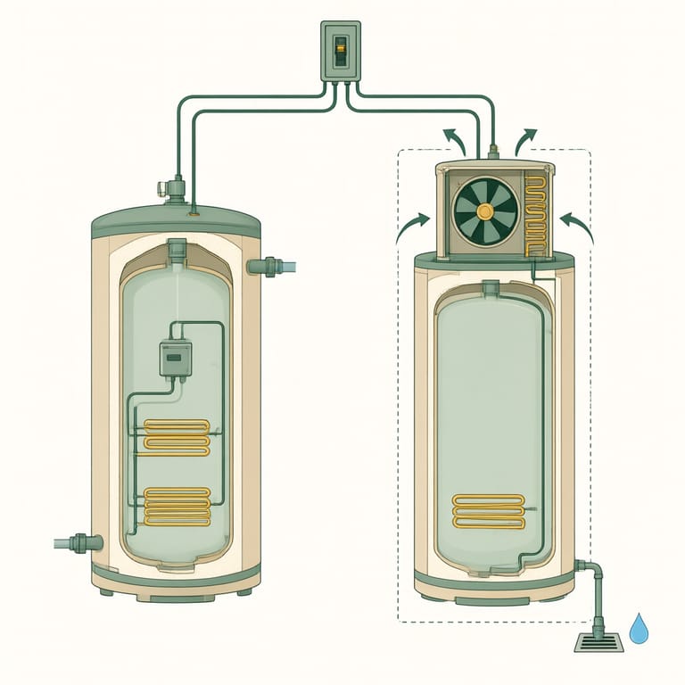 Diagram comparing a standard 50-gallon electric resistance tank with a heat pump water heater, labeling the shared 240-volt circuit plus the heat pump's added condensate drain and air clearance needs