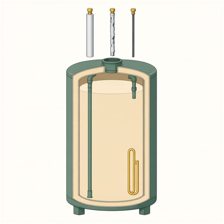 Cutaway diagram of a tank water heater with the anode rod lifted from its top port, shown in three wear stages from full magnesium coating to bare steel core wire
