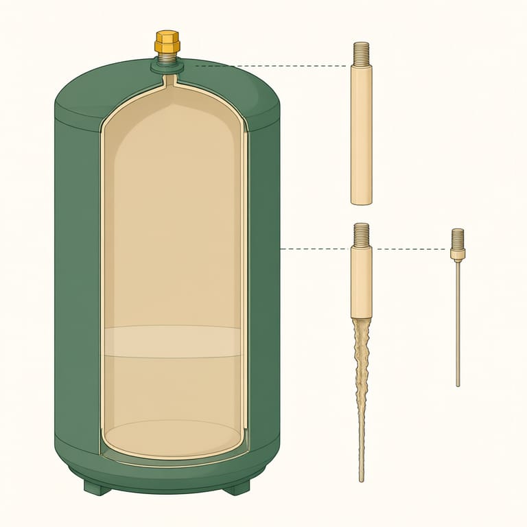 Diagram of three anode rod wear stages (new full rod, partly consumed rod, bare steel core wire) beside a cutaway water heater tank showing where the rod screws in at the top