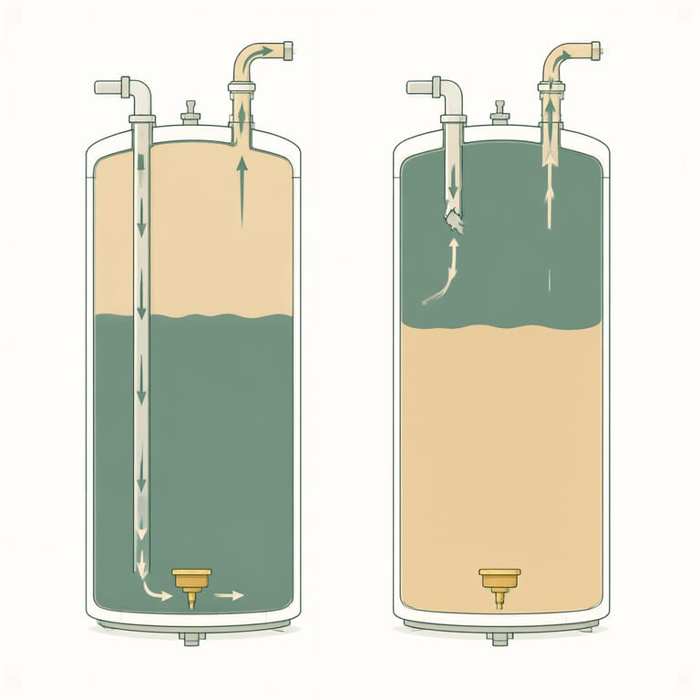 Side-by-side cutaway diagram of a tank water heater comparing an intact dip tube delivering cold inlet water to the tank bottom with a broken tube letting cold water short-circuit into the hot outlet layer