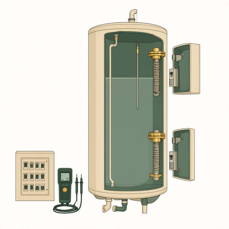 Cutaway diagram of an electric water heater showing the upper and lower screw-in heating elements behind their access panels, with the breaker panel and voltage tester called out as the first step