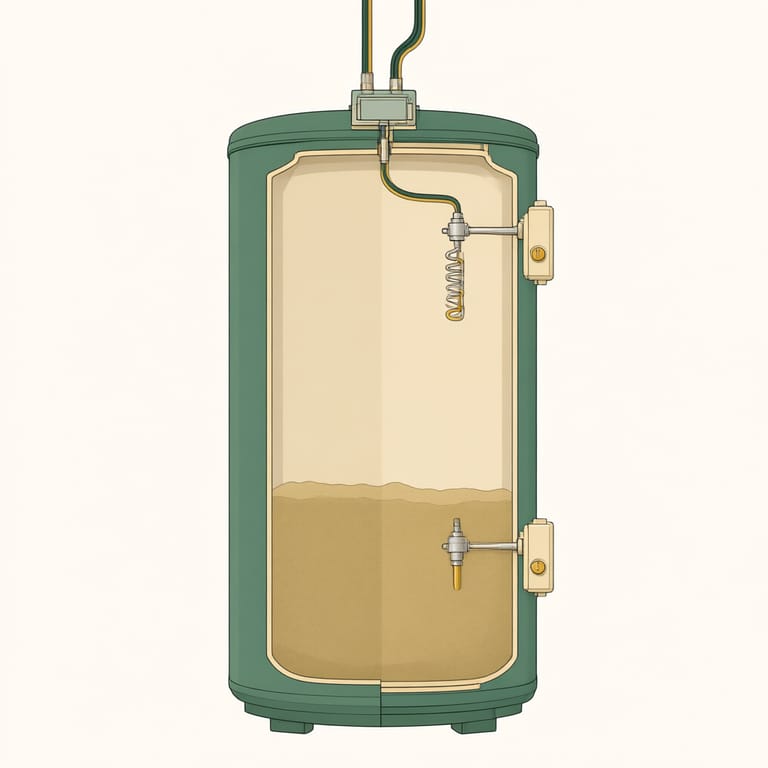 Cutaway diagram of an electric water heater showing the upper and lower heating elements with their thermostats, the 240 volt supply entering at the top, and a sediment layer burying the lower element