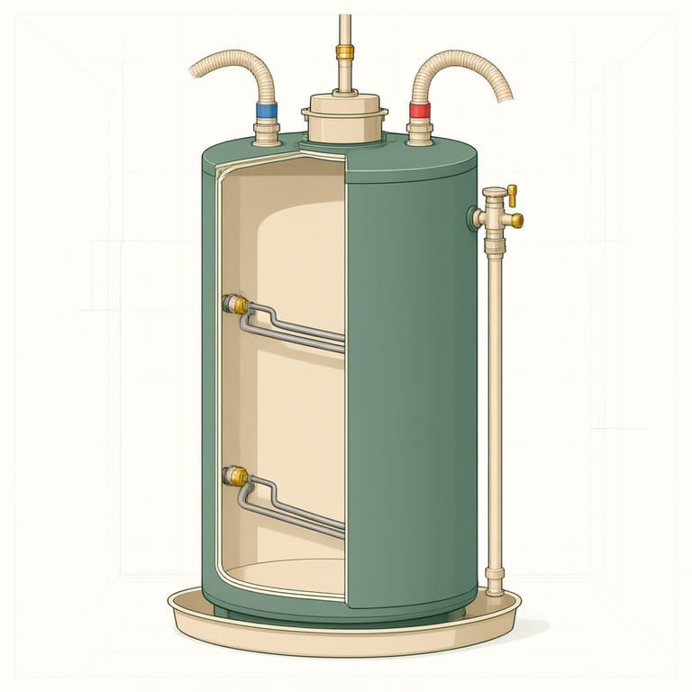 Cutaway diagram of a replacement electric storage water heater in a utility closet: two heating elements inside the tank, a 240 volt conduit entering the top, cold inlet and hot outlet flex connectors, a drain pan underneath and the temperature and pressure relief discharge pipe running down the side