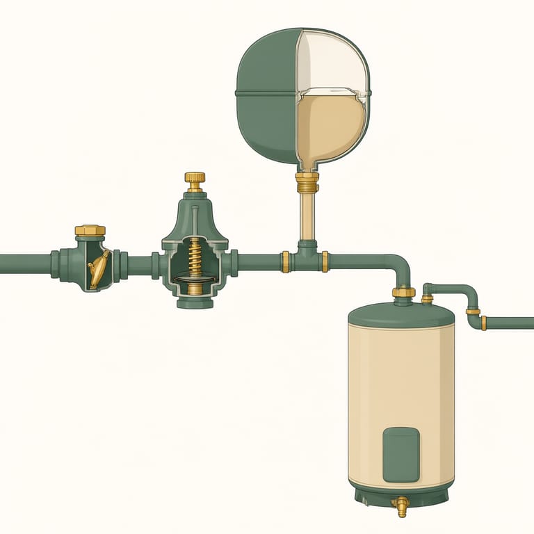 Diagram of a thermal expansion tank installed on the cold water supply line above a storage water heater, cutaway showing the internal rubber bladder and air cushion, a pressure reducing valve and a check valve upstream on the main line
