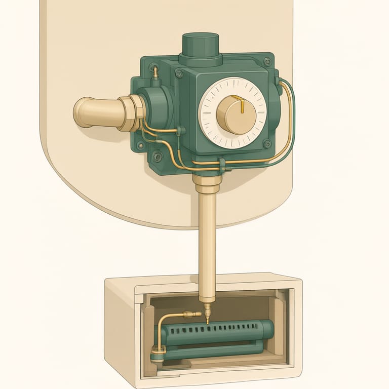 Close-up technical illustration of a gas water heater control valve mounted on the tank front: temperature dial, gas inlet pipe, pilot tube, thermocouple lead and burner supply tube running down to the burner chamber
