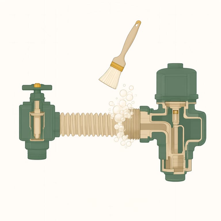 Illustration of the soap-bubble leak test on water heater gas fittings: a brush applying soapy solution to the shutoff valve, flex connector, and gas control valve inlet, with bubbles forming at one threaded joint