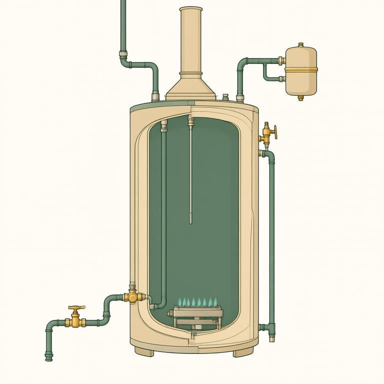 Cutaway diagram of a new gas storage water heater being connected: gas supply line with a shutoff valve and sediment trap, flue connector rising to a vent, cold and hot water connectors, a relief valve discharge pipe and an expansion tank on the cold line