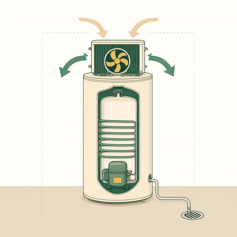Cutaway illustration of a hybrid heat pump water heater in a basement utility room: fan and evaporator on top of the tank, airflow arrows drawing warm room air in and pushing cool air out, a condensate drain line to a floor drain, clearance space around the unit