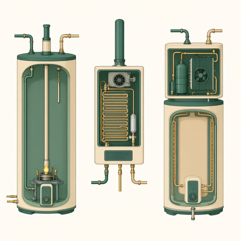 Cutaway technical illustration comparing three residential water heaters side by side: a gas storage tank, a wall-mounted tankless unit, and a heat pump hybrid, with plumbing and vent connections visible