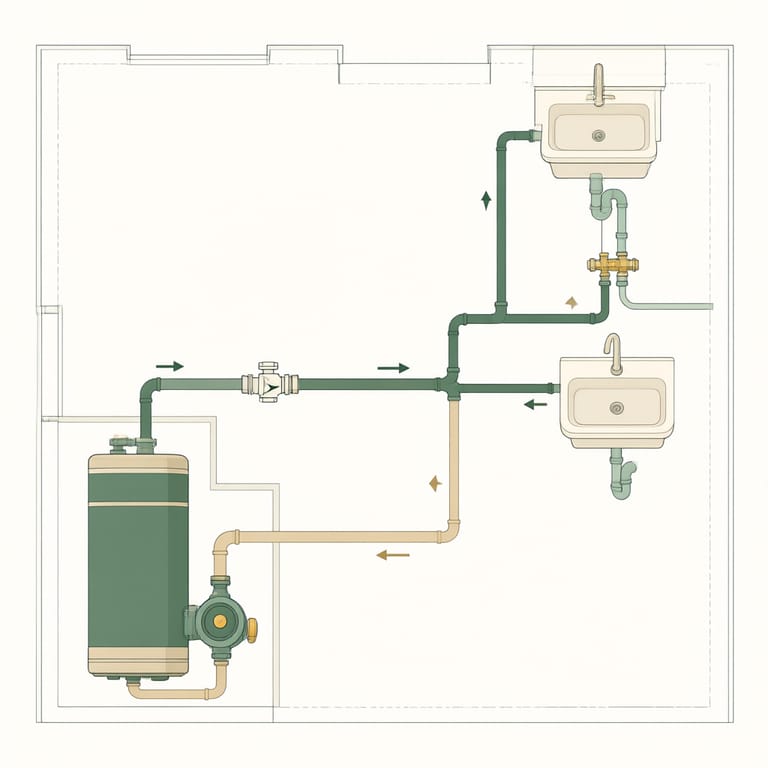 Schematic diagram of a house plumbing loop with a hot water recirculation pump mounted near the water heater, arrows showing hot water circulating out to distant fixtures and returning through a dedicated return line, a check valve and a crossover valve under a far sink