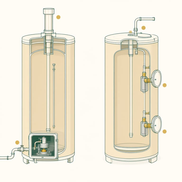Side by side cutaway diagram comparing a gas water heater with burner access door, gas pipe, and flue against an electric water heater with top entry conduit and two element access panels, key identification points labeled