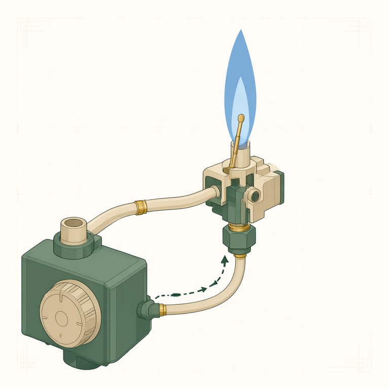 Close-up technical illustration of a water heater pilot assembly with the thermocouple probe seated in a steady blue pilot flame, the pilot supply tube and gas control valve connections labeled