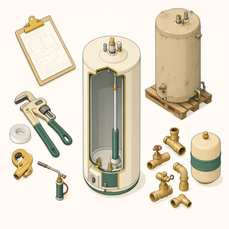 Isometric illustration of a water heater replacement job broken into its cost components: the new unit, installer tools, code-required fittings and expansion tank, permit clipboard, and the old tank staged for haul-away