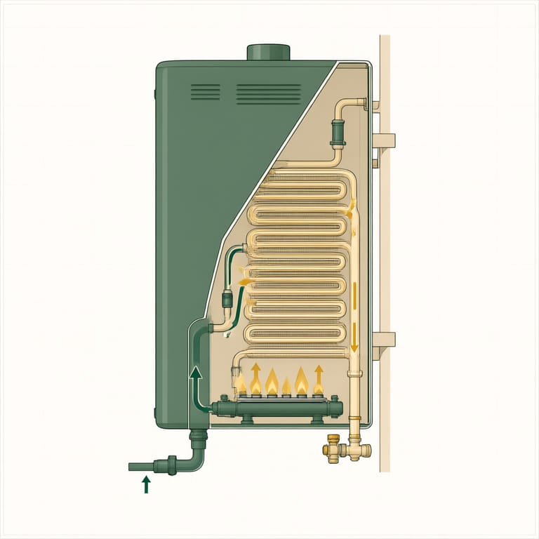 Cutaway diagram of a wall-mounted tankless water heater showing the cold water inlet, burner, heat exchanger coil, and hot water outlet with flow direction arrows