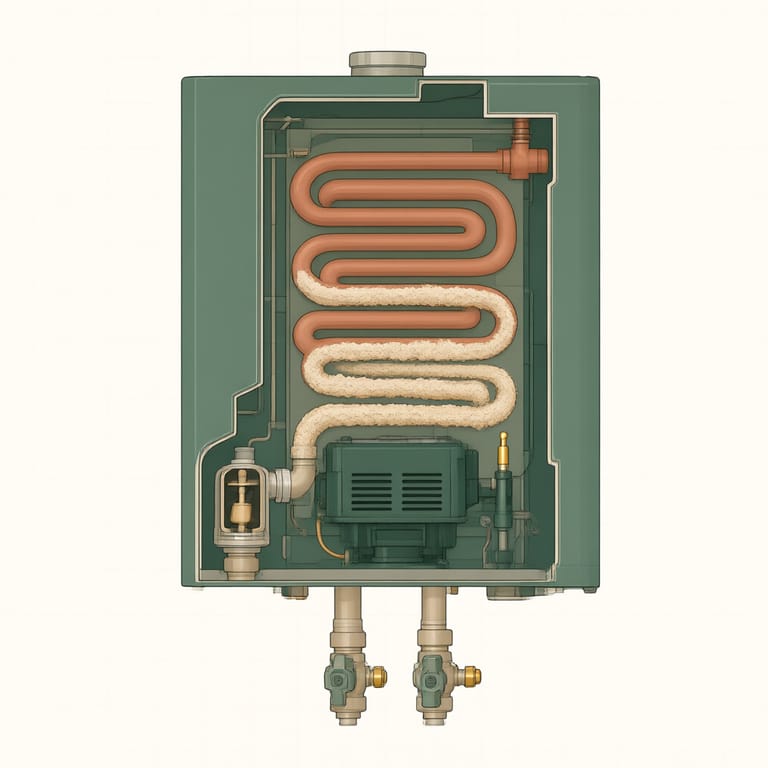 Cutaway diagram of a wall mounted tankless water heater showing the copper heat exchanger coils partly coated with mineral scale, the flow sensor at the cold inlet, the burner and igniter, and isolation valves with service ports below the unit