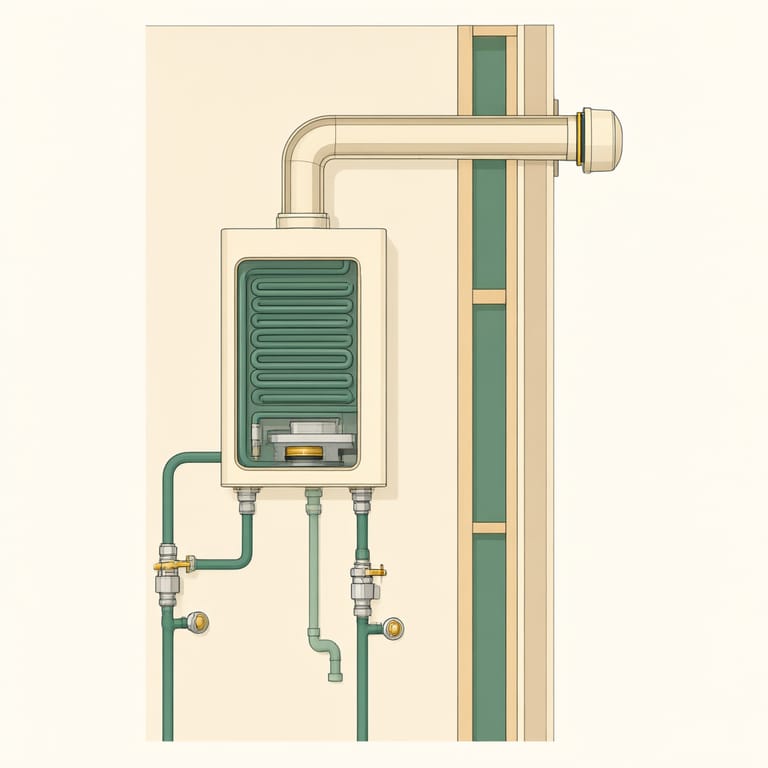 Diagram of a wall-mounted tankless water heater showing isolation valves with purge ports on the cold and hot lines, a sealed vent run exiting through the exterior wall, and a condensate drain line