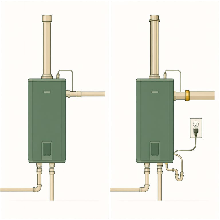 Side by side diagram comparing a like for like tankless swap on existing gas, venting, and wiring with a tank to tankless conversion that adds gas line upsizing, new stainless venting, a condensate drain, and an electrical outlet