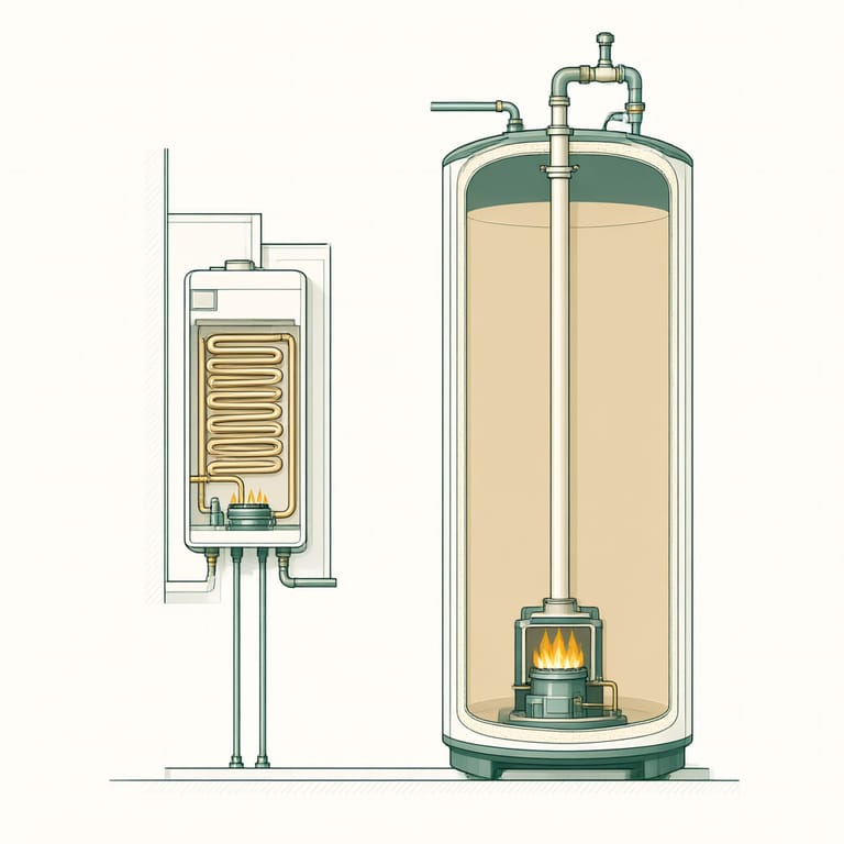 Side by side cutaway illustration of a wall mounted tankless water heater with its compact heat exchanger next to a full height storage tank water heater with a burner and internal flue, showing the difference in footprint and water volume