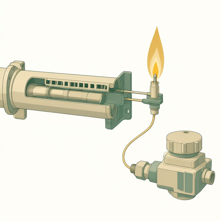 Close-up technical illustration of a water heater pilot burner assembly: pilot flame wrapping the tip of a thermocouple, the thermocouple lead running back to the gas control valve, and the main burner tube beside it