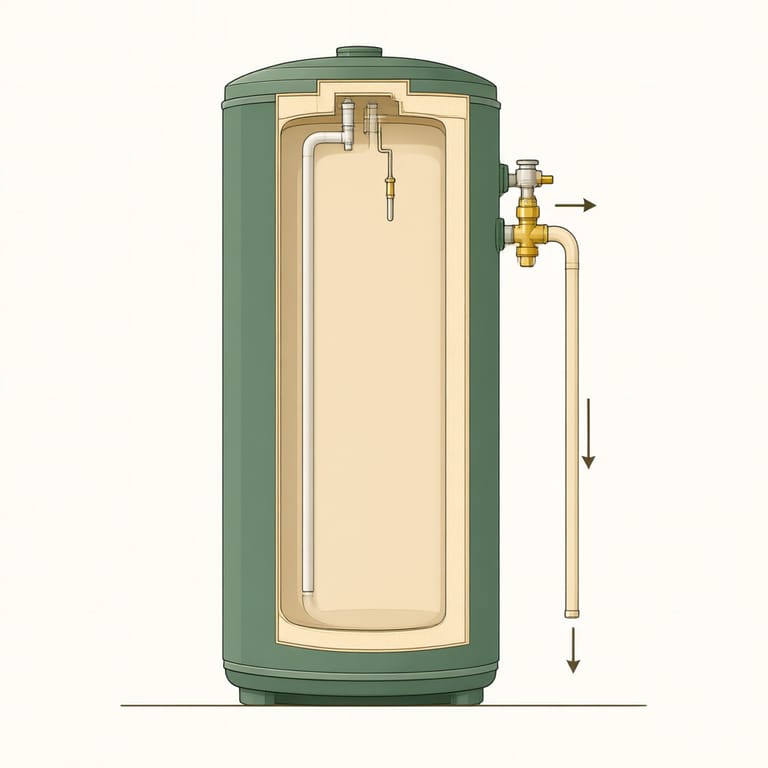 Cutaway diagram of the top of a storage water heater with the temperature and pressure relief valve on the side port and its discharge pipe running straight down the tank to end a short gap above the floor, arrows showing the discharge path