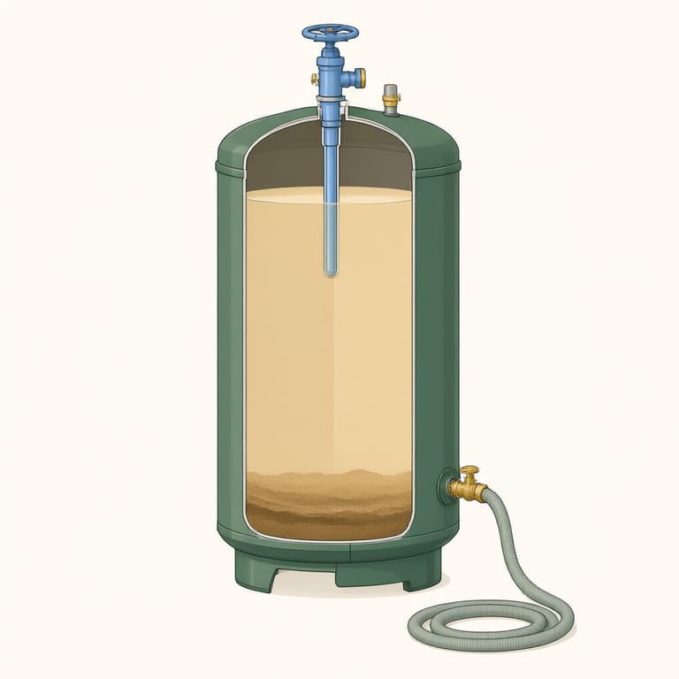 Cutaway diagram of a tank water heater with a garden hose threaded onto the bottom drain valve, a sediment layer shown on the tank floor, and the cold-water inlet valve labeled on top