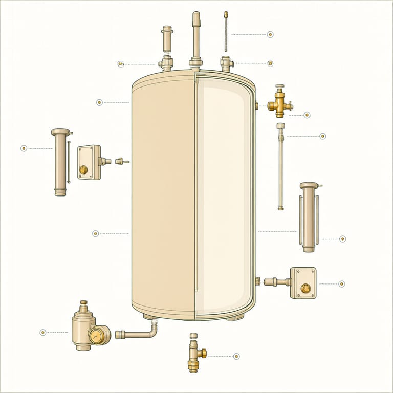 Exploded diagram of a tank water heater labeling the anode rod, dip tube, upper and lower heating elements, thermostats, TPR valve, drain valve, and gas control valve