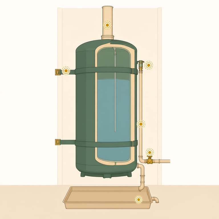 Diagram of an installed storage water heater with inspection markers on the points a permit inspector checks: relief valve discharge pipe, venting connection, gas shutoff and sediment trap, seismic straps, drain pan and clearance around the unit
