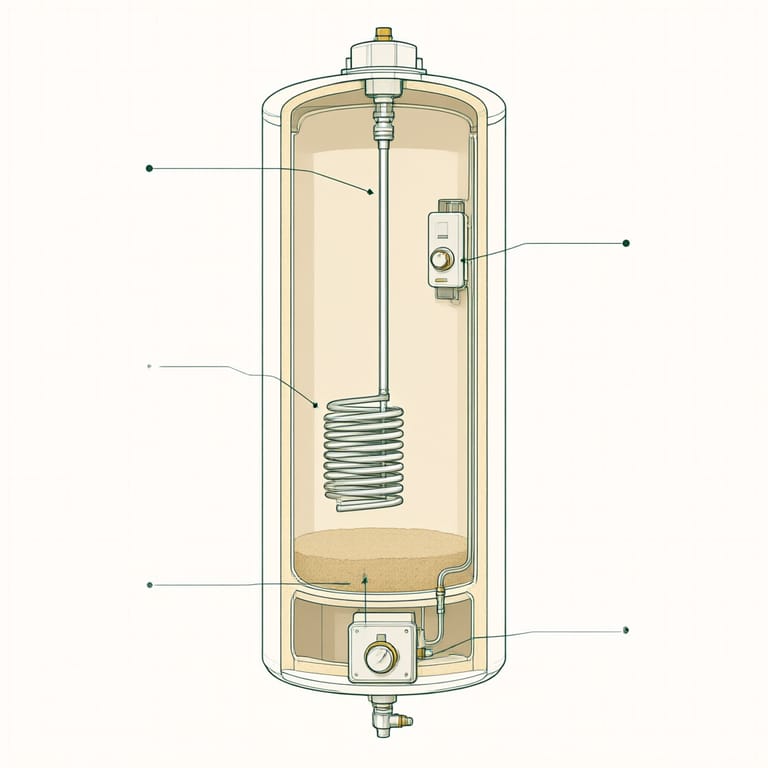 Cutaway diagram of a tank water heater with callout markers on the parts that most often need repair: the anode rod hanging from the top, the side-mounted thermostat, a coiled heating element, a sediment layer settled at the bottom of the tank, and the gas control valve with its burner feed line below