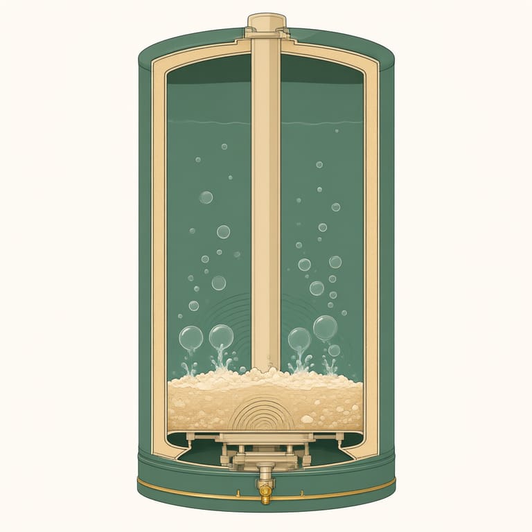 Cutaway illustration of a gas water heater tank with a mineral sediment layer on the bottom, steam bubbles bursting up through the sediment, and sound waves rising from the tank base above the burner