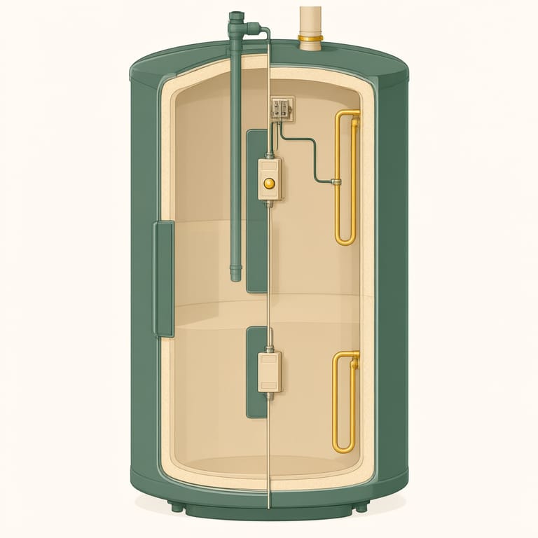 Cutaway diagram of an electric water heater showing the upper thermostat with its high-limit reset button and the lower thermostat, both mounted flush against the tank wall behind the access panels